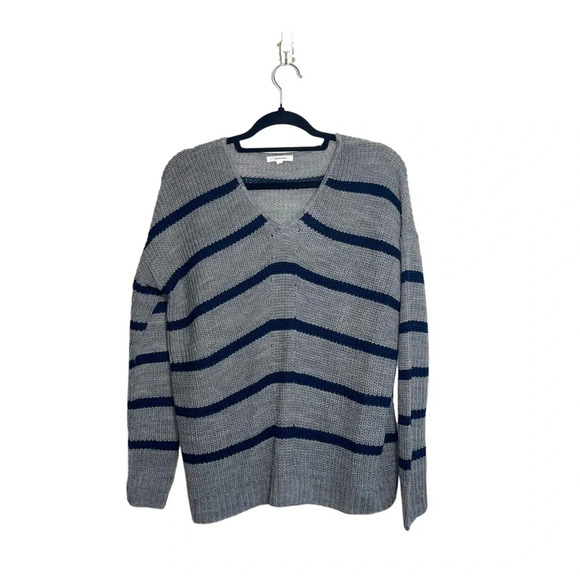 Maurices Heather Gray & Navy Blue Striped V-neck Knit Sweater Small Women’s - Picture 2 of 11